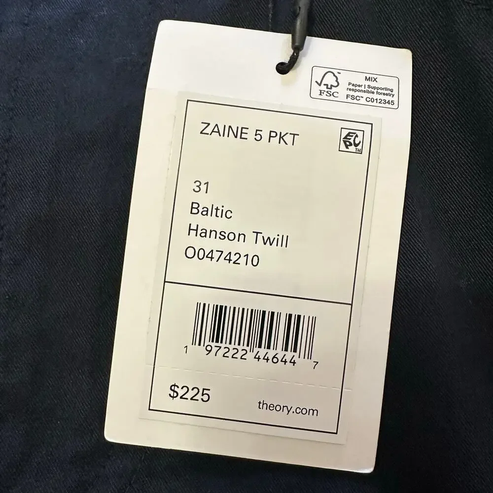 Theory Zaine 5 Pocket Baltic Hanson Twill Pants Stretch Black Gray Mens $225 NWT